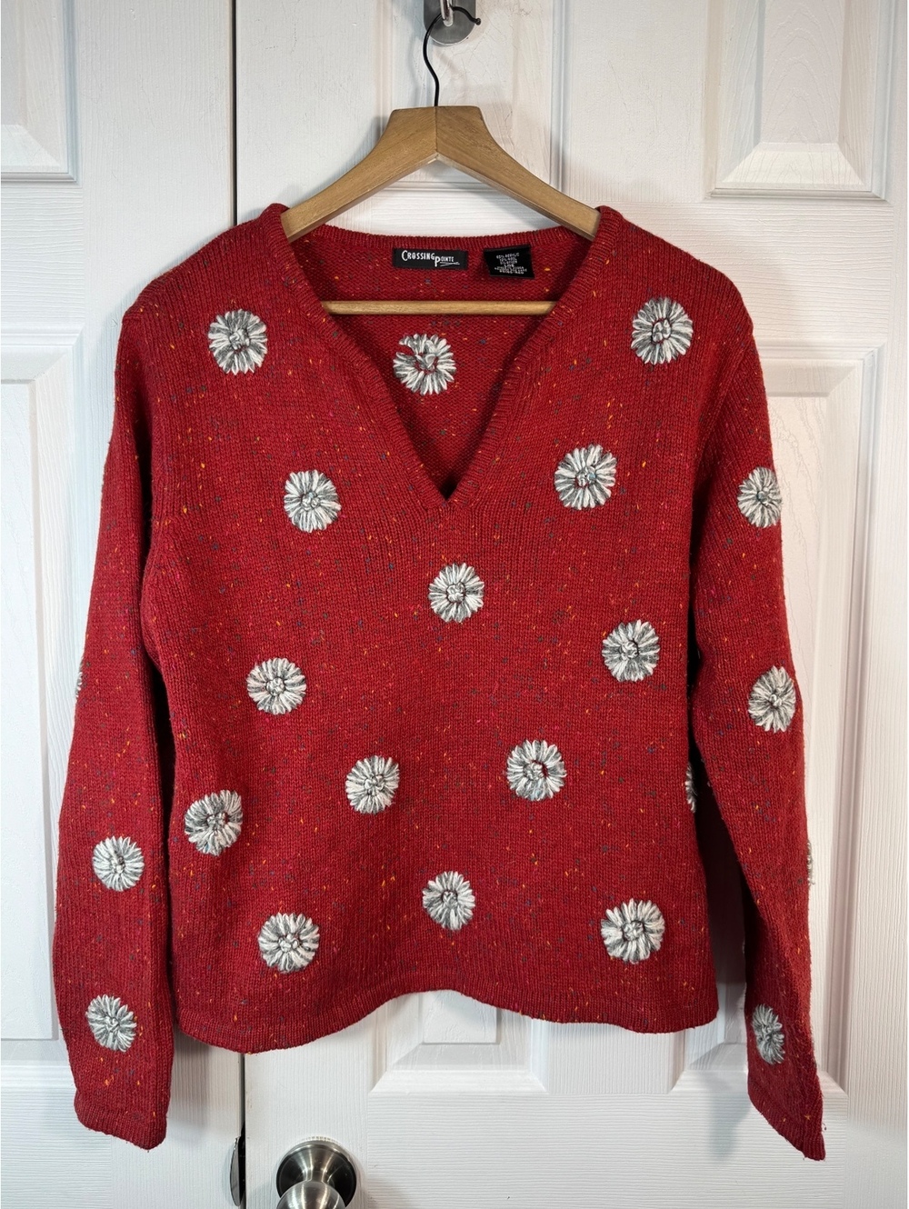 Crossing Pointe Red Wool Blend V-Neck Sweater with White Floral Embroidery, Size